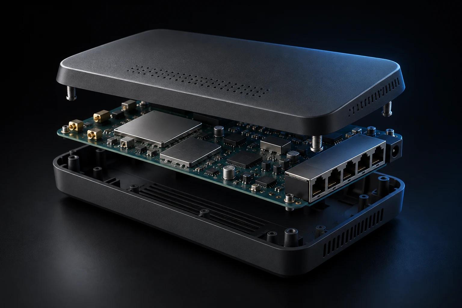 Generiertes Konzeptbild: graphitfarbener Router mit abgehobenem Gehäusedeckel und sichtbaren Netzwerkanschlüssen.