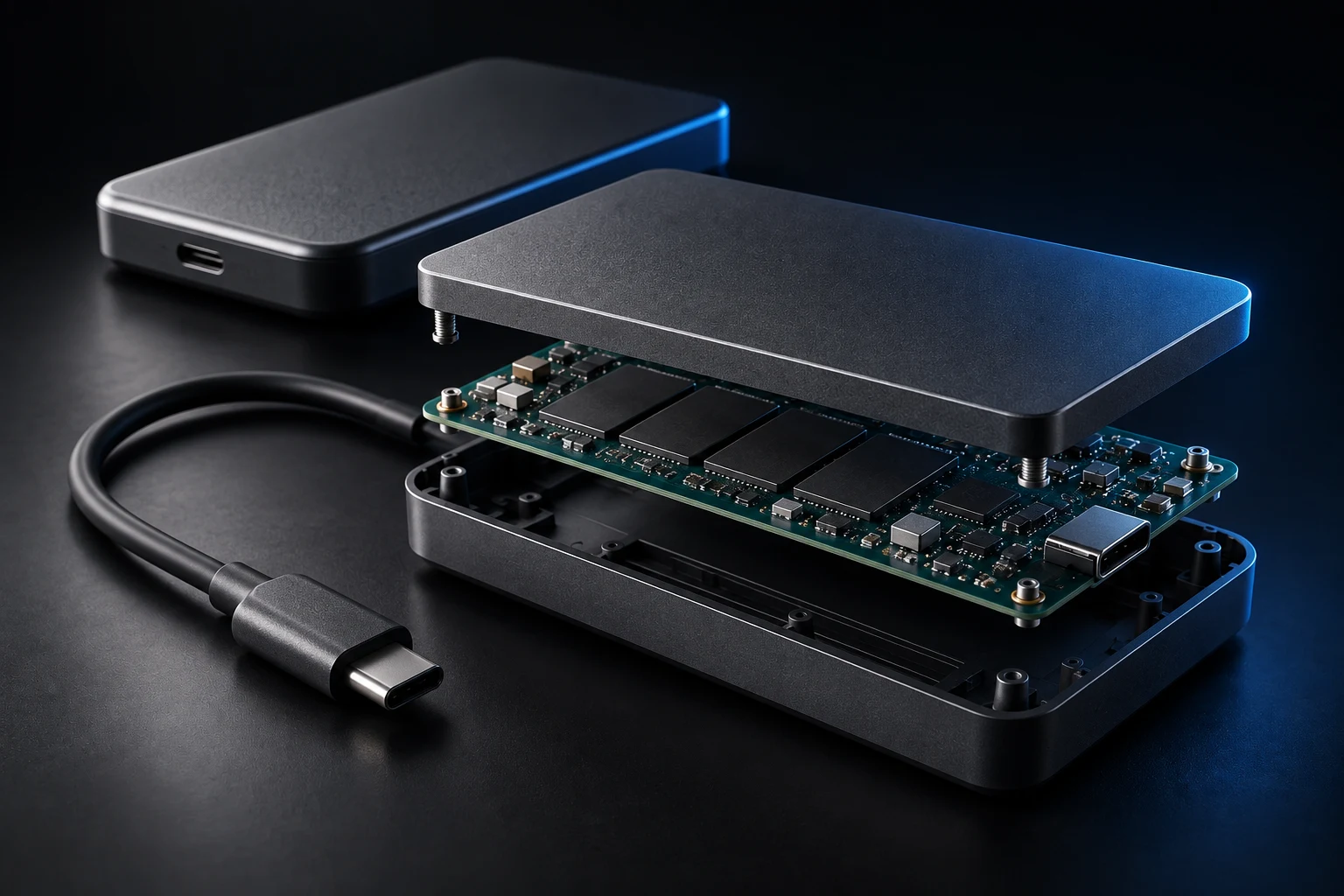 Generiertes Konzeptbild: externer Datenträger in drei Gehäuseschichten, USB-C-Kabel und ein zweiter geschlossener Datenträger.