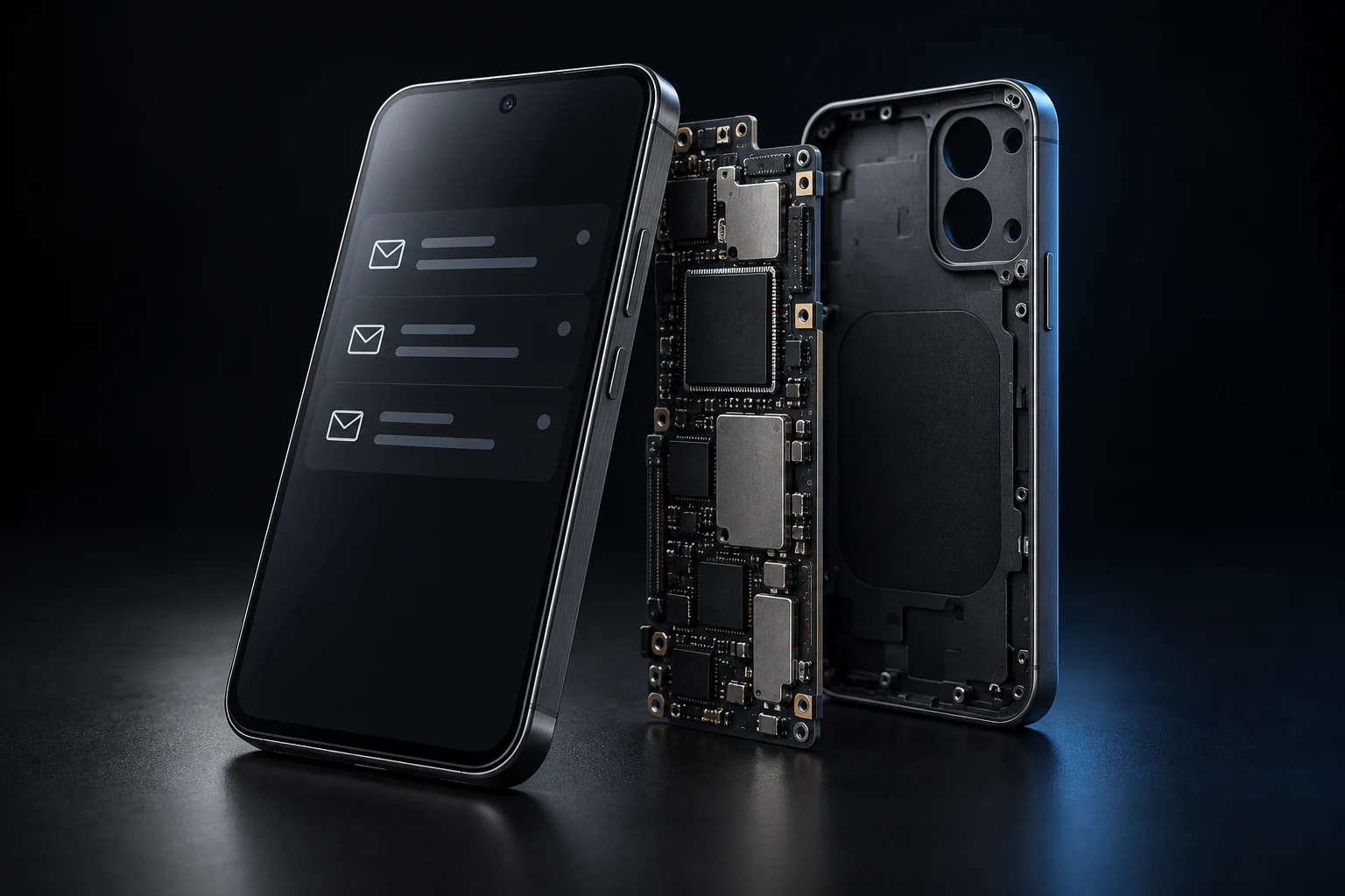Generiertes Konzeptbild: Smartphone mit abstrahiertem E-Mail-Postfach, separater Platine und rückwärtiger Gehäuseschale.