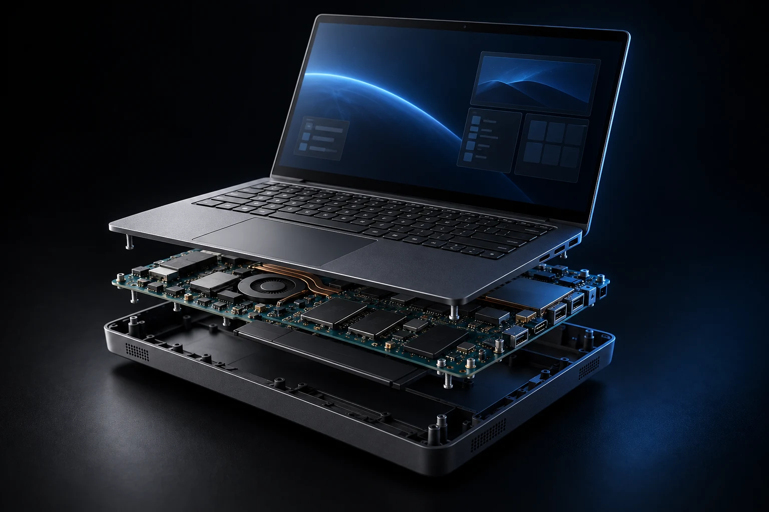 Generiertes Konzeptbild: geöffneter graphitfarbener Laptop mit getrennten Gehäuseschichten und sichtbarer Systemplatine.